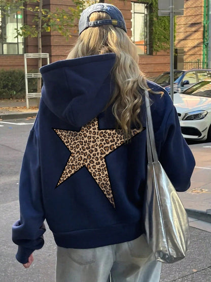 Felpa oversize con stampa Leo-Stella per donne – Felpa con cappuccio in stile streetwear
