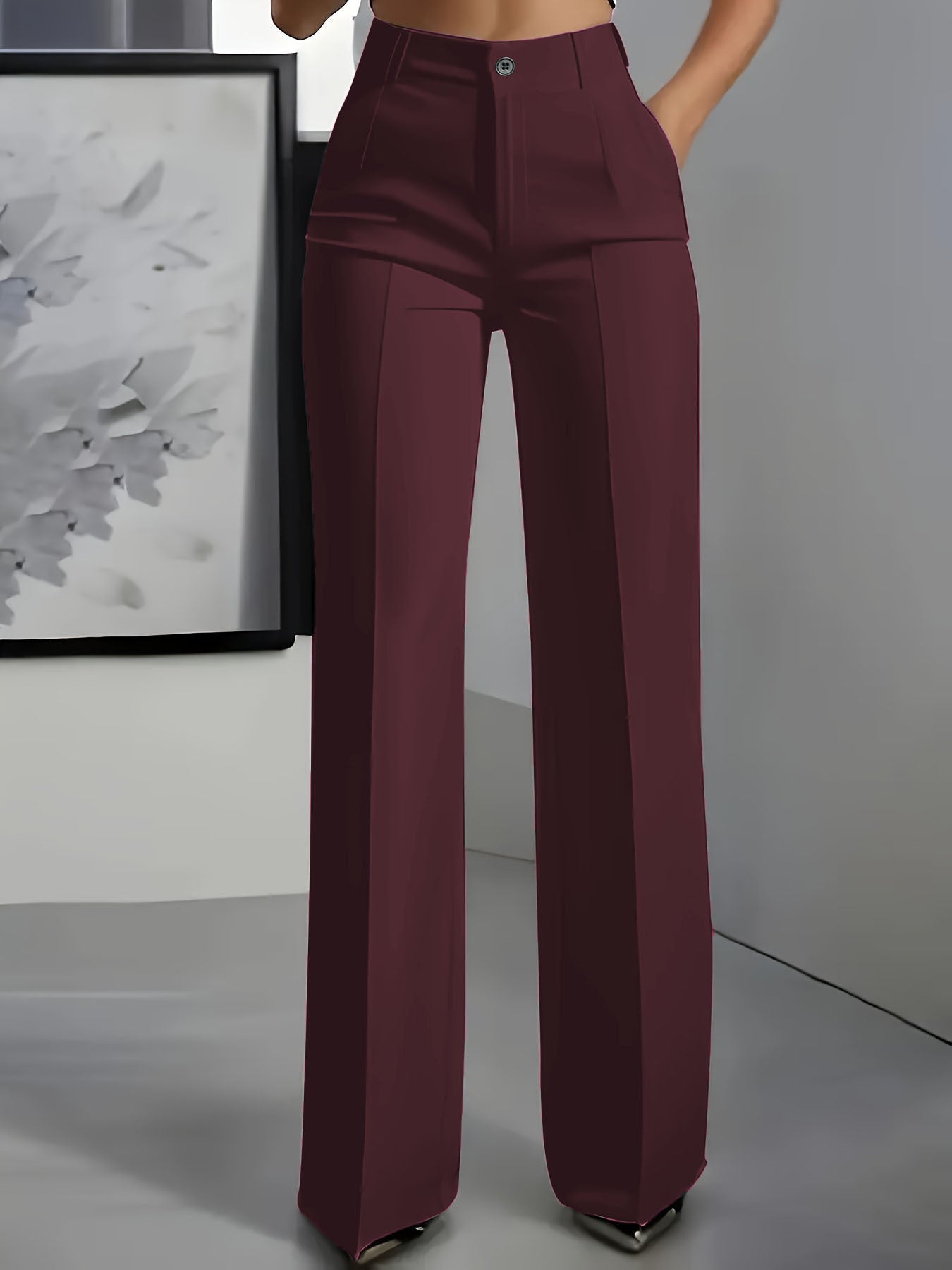 Elegante pantalone in tessuto a vita alta per donne – Pantalone business ampio con gamba dritta