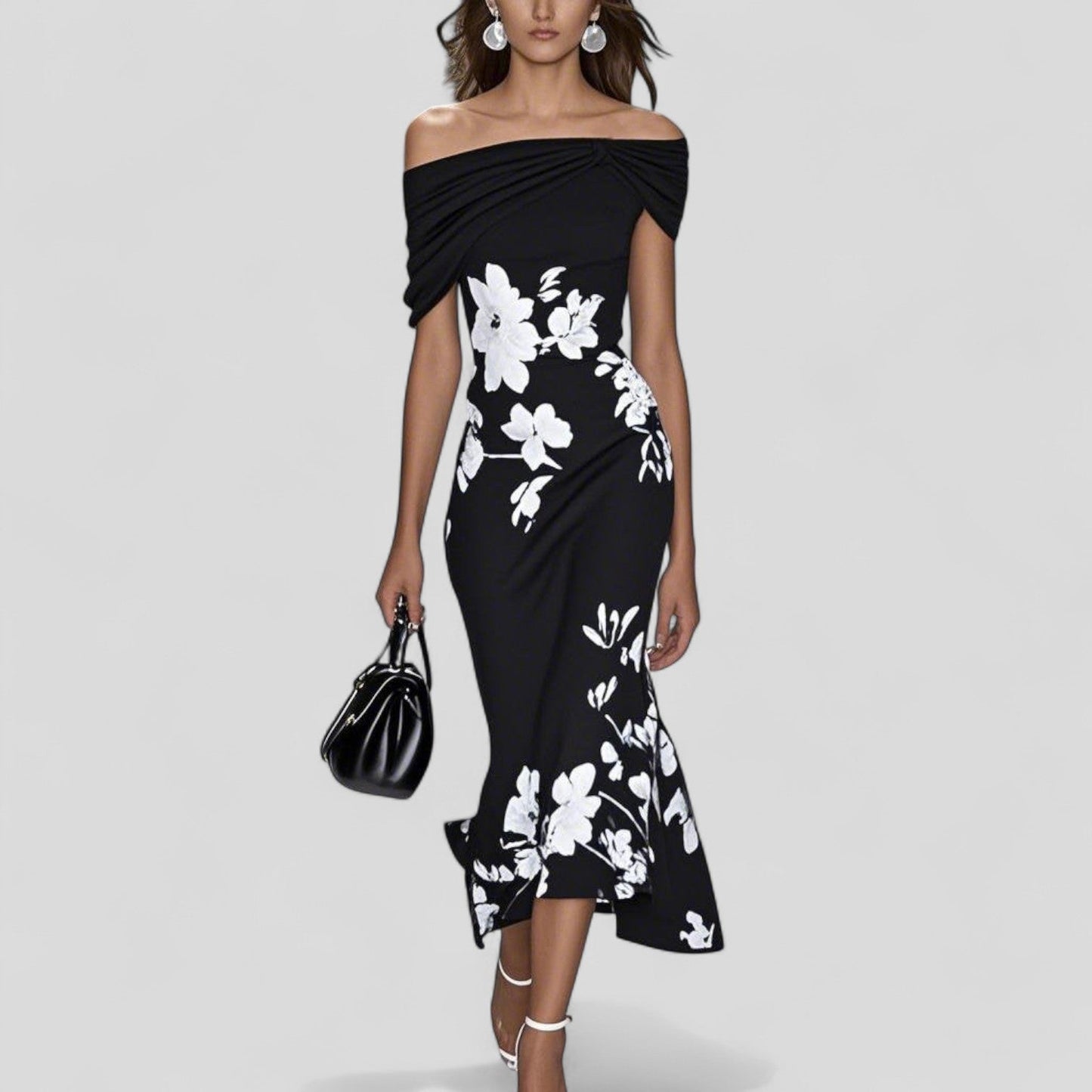 Abito midi floreale per donne – Elegante abito off-shoulder con vestibilità aderente