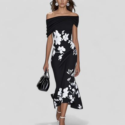 Abito midi floreale per donne – Elegante abito off-shoulder con vestibilità aderente