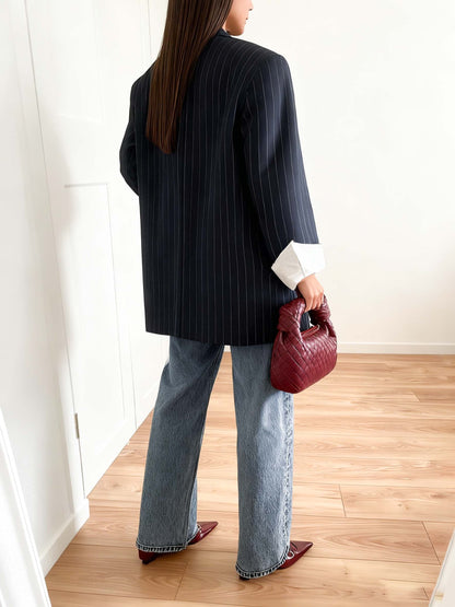 Alixane - Blazer Oversize a righe Blu Scuro per Donne con Bottoni – Giacca Primaverile