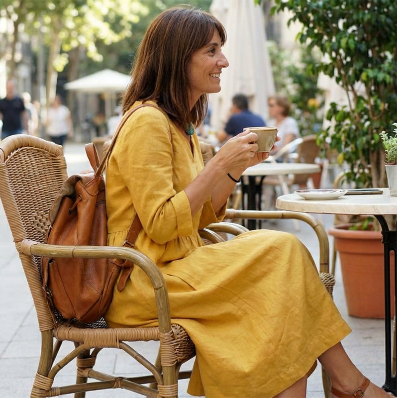 Abito midi estivo leggero in lino – Abito casual arioso con scollatura a V per donne