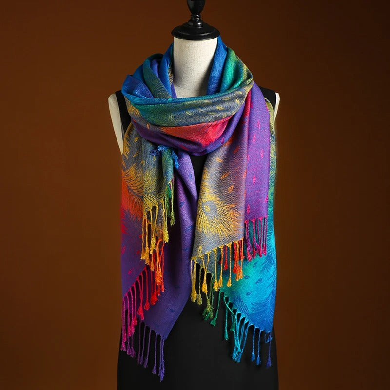 Sciarpa elegante con sfumature e frange – Poncho morbido da donna e versatile foulard