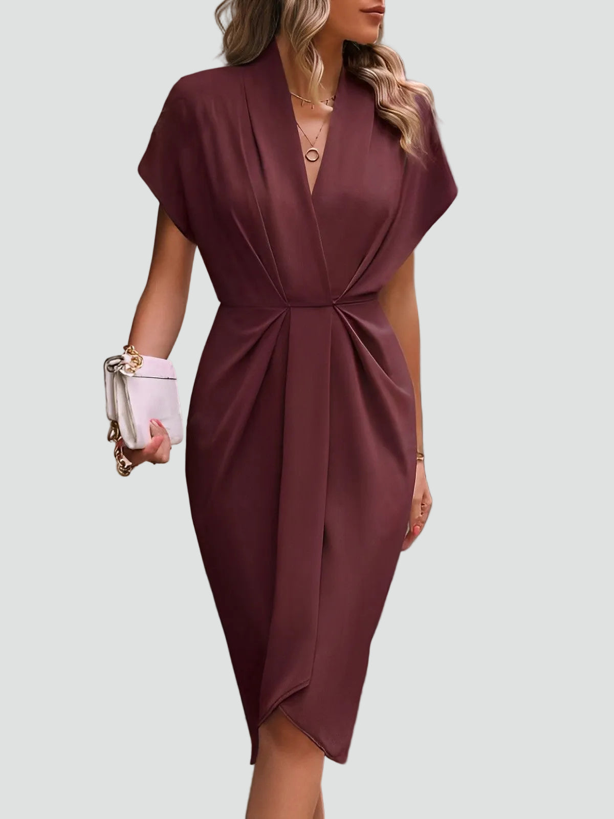 Abito midi aderente con drappeggio – Elegante vestito con scollo a V per donne