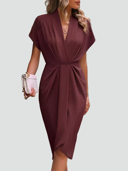 Abito midi aderente con drappeggio – Elegante vestito con scollo a V per donne