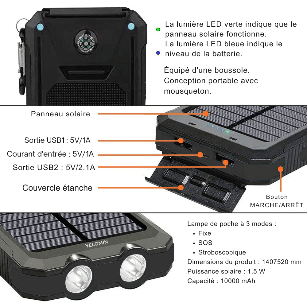 SolaMax - Batteria Solare 10 000 mAh – Impermeabile e Resistente agli Urti – Ricaricabile tramite Sole
