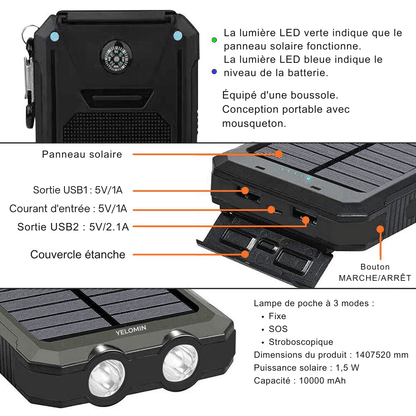 SolaMax - Batteria Solare 10 000 mAh – Impermeabile e Resistente agli Urti – Ricaricabile tramite Sole
