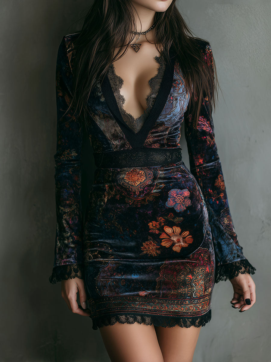 Bavelle - Mini-abito in velluto con motivo floreale Boho, scollo a V e pizzo