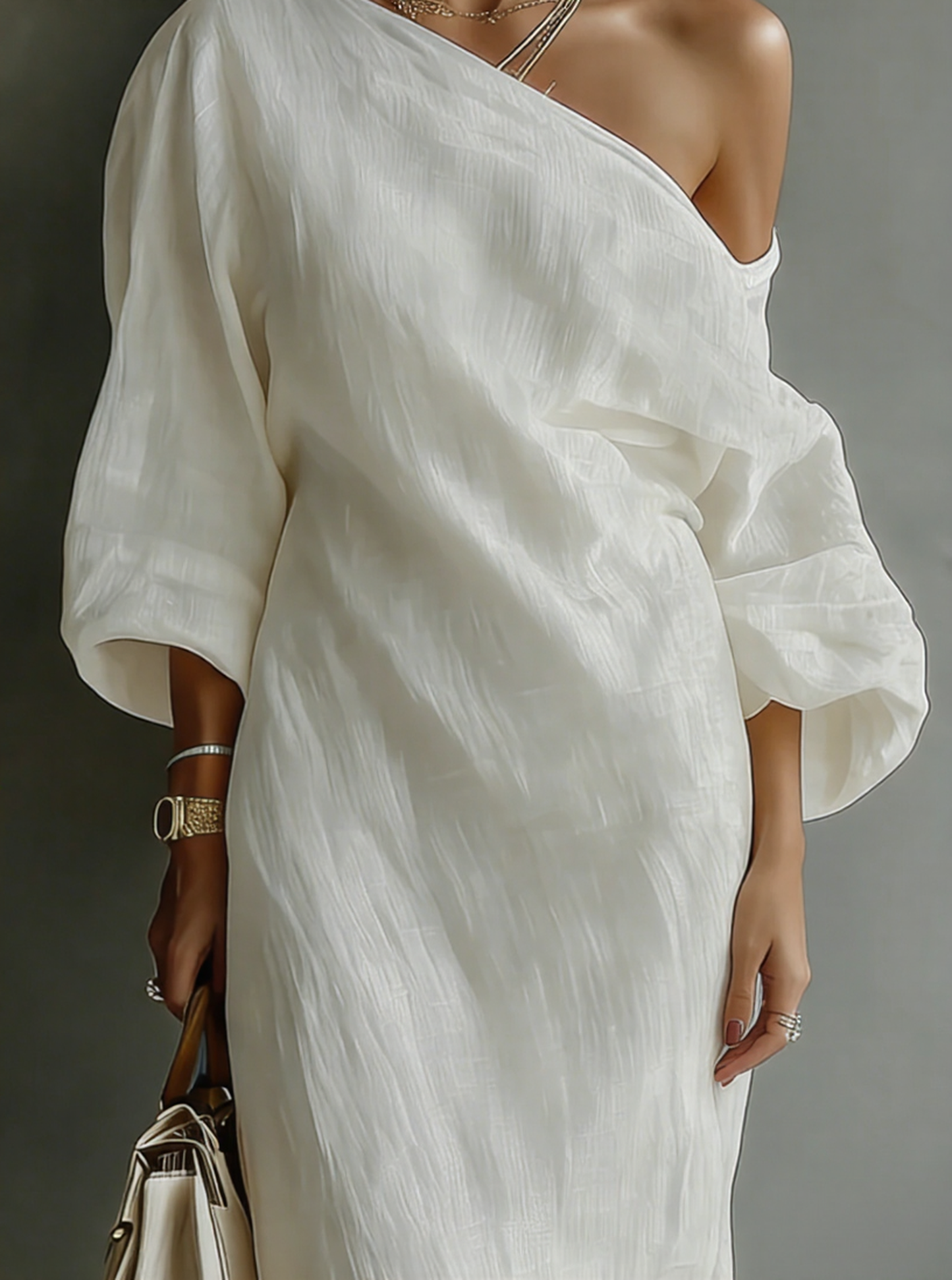 Sabine - Abito Maxy Avorio con Spallina in Cotone-Lino