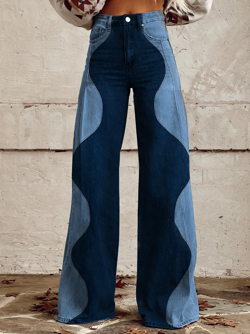 Jeans a vita alta e gamba larga con contrasto di colori – Pantaloni in denim patchwork alla moda per donne