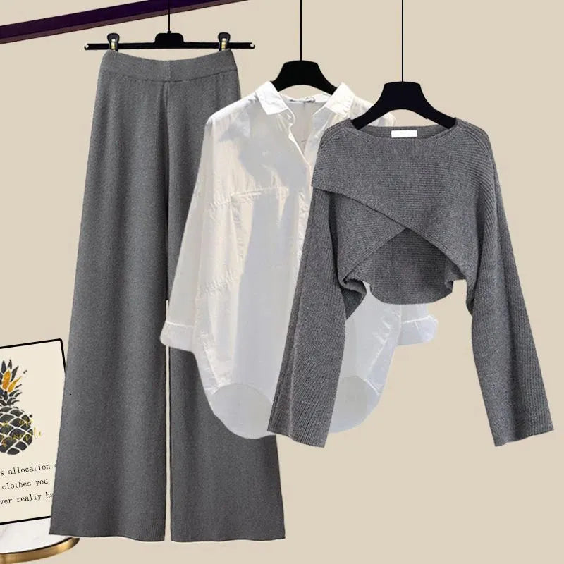Elegante set di abbigliamento a 3 pezzi per donne con pantaloni larghi, camicia e moderno pullover corto