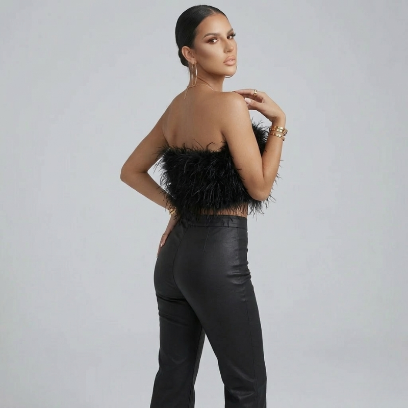 Elegante Top Bandeau con Piume per Donne – Crop Top Senza Spalline e Look D'impatto