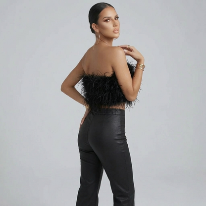 Elegante Top Bandeau con Piume per Donne – Crop Top Senza Spalline e Look D'impatto