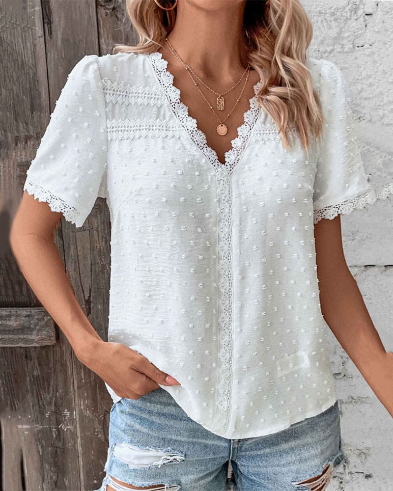 Elegante blusa in pizzo con scollatura a V per donne – Maglietta estiva leggera, romantica e femminile