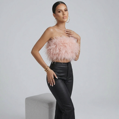 Elegante Top Bandeau con Piume per Donne – Crop Top Senza Spalline e Look D'impatto