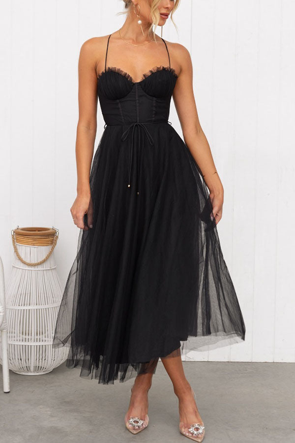 Aurélina - Abito Midi Estivo con Corsetto per Donne, Gonna in Tulle e Spalline a Spaghetti