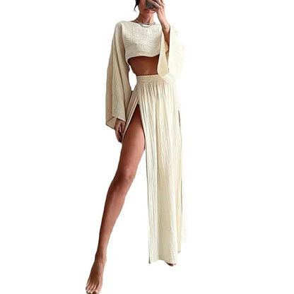 Alizenne - Completo estivo leggero ed elegante in lino per le vacanze, composto da un crop top a maniche lunghe con taglio ampio e una maxi gonna con doppio spacco laterale
