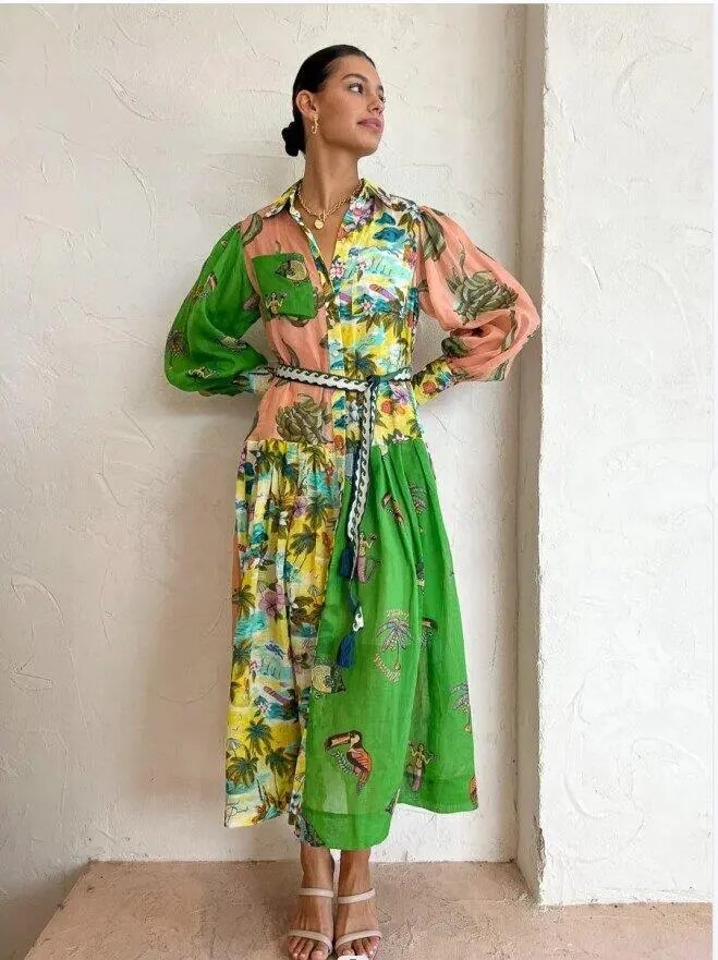 Abito maxy boho con stampa artistica per donne – Elegante abito camicia con cintura