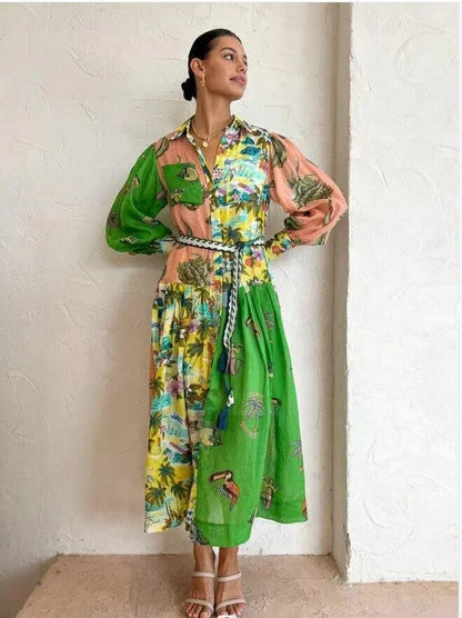 Abito maxy boho con stampa artistica per donne – Elegante abito camicia con cintura