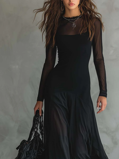 Chantal - Maxidress in tulle patchwork nero