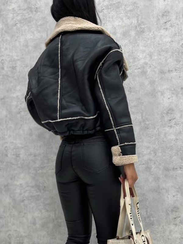 Aubrée - Giacca primaverile elegante e femminile in ecopelle con fodera in peluche, tasche con zip e colletto
