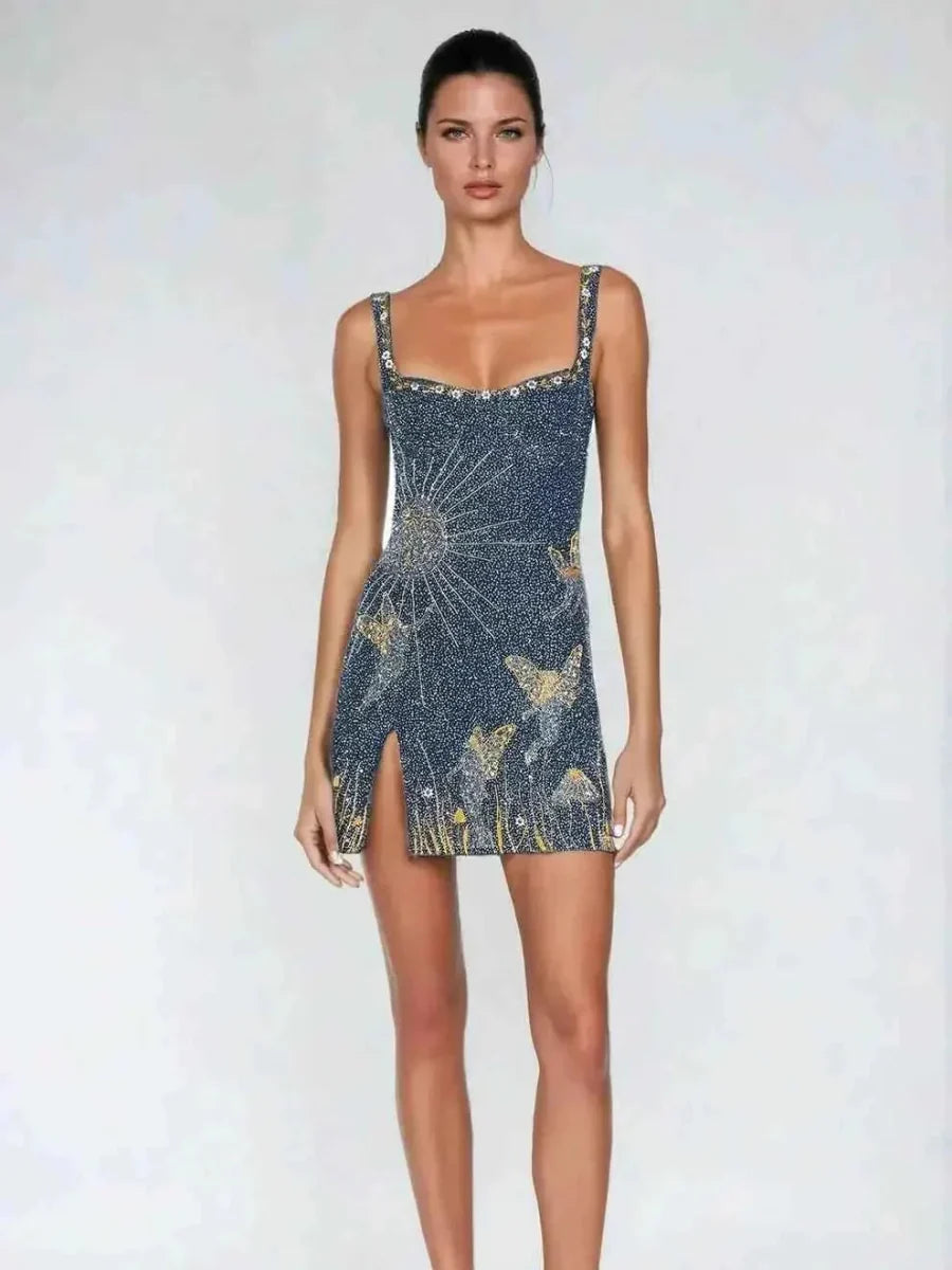 Abito mini da donna scintillante con ricamo di stelle – Abito elegante da festa con spacco