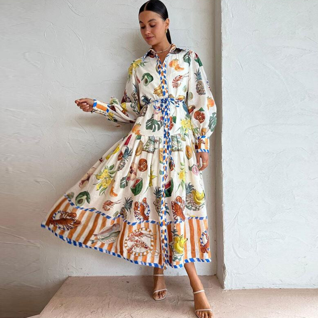 Abito maxy boho con stampa artistica per donne – Elegante abito camicia con cintura