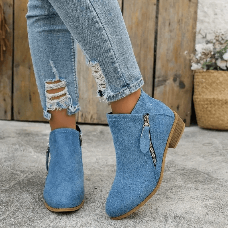 Zélyna - Eleganti Stivaletti Bassi in Camoscio per Donna, Primavera, con Cerniera e Tacco Basso, Monocromo