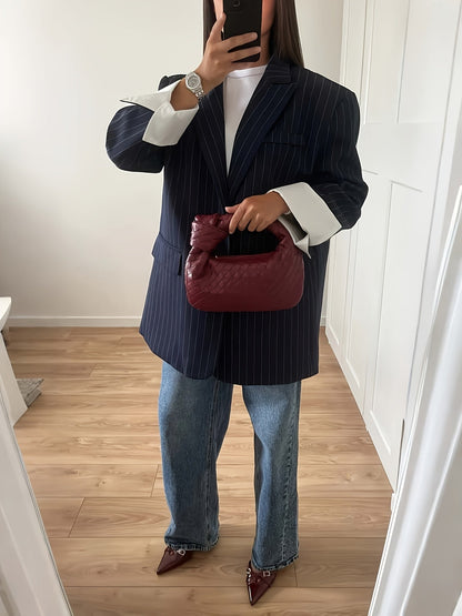 Alixane - Blazer Oversize a righe Blu Scuro per Donne con Bottoni – Giacca Primaverile