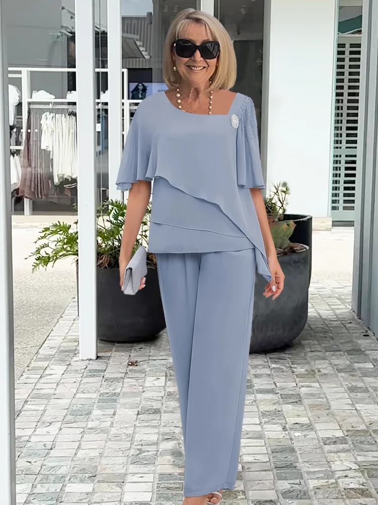Jorielle - Elegante completo estivo da donna con top asimmetrico e pantaloni in tessuto traspirante