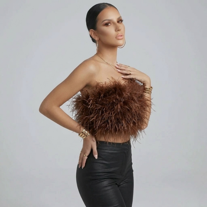Elegante Top Bandeau con Piume per Donne – Crop Top Senza Spalline e Look D'impatto