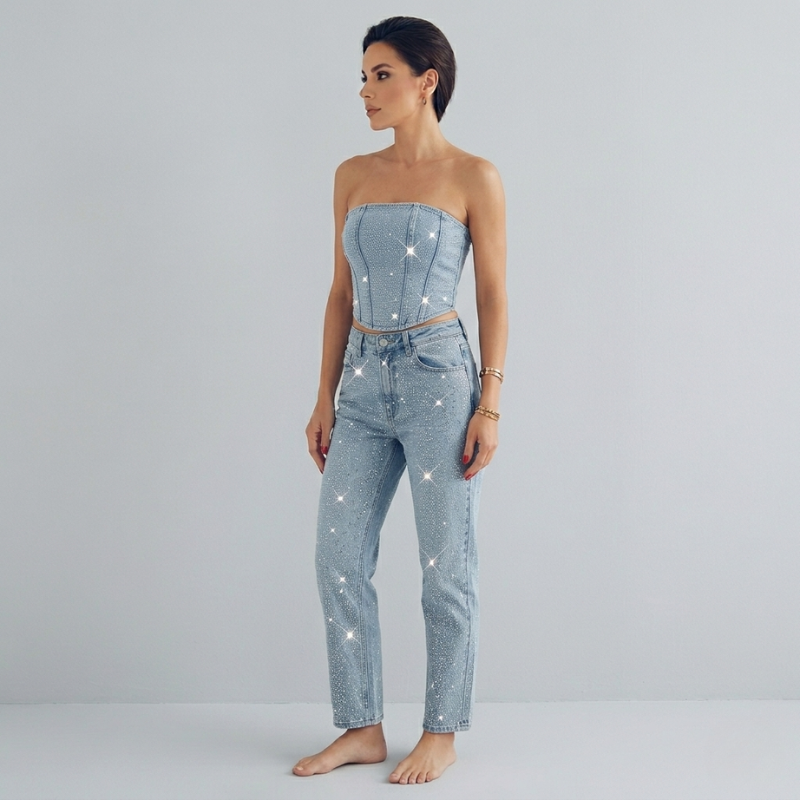 Set di Denim scintillante a due pezzi con corsetto in strass e jeans per donne – Look da festa alla moda e aderente