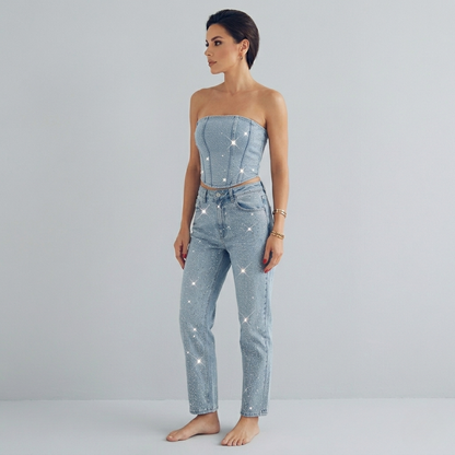 Set di Denim scintillante a due pezzi con corsetto in strass e jeans per donne – Look da festa alla moda e aderente