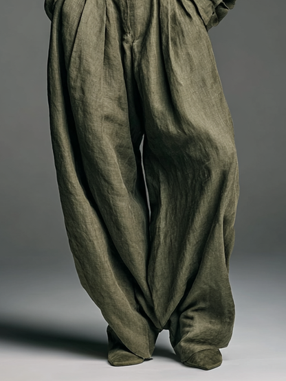 Laurélise - Completo due pezzi per donne, composto da una blusa a maniche lunghe in misto cotone-lino e un pantalone ampio