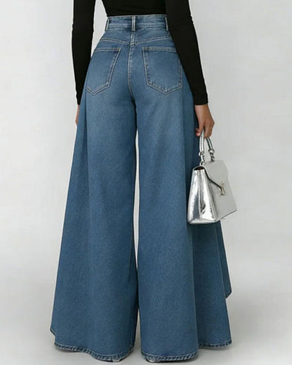Jeans a Vita Alta e Gamba Larga con Design a Strati – Pantaloni in Denim alla Moda per Donne