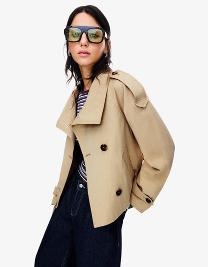 Elvire - Trench corto primaverile alla moda per donne, con bottoni e cintura in vita