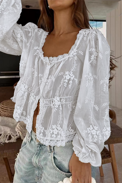 Joséphine - Blusa Primavera Bohemien Romantica in Pizzo con Maniche Lunghe e Dettagli Floreali per Donne