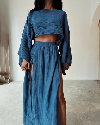 Alizenne - Completo estivo leggero ed elegante in lino per le vacanze, composto da un crop top a maniche lunghe con taglio ampio e una maxi gonna con doppio spacco laterale