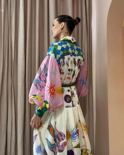 Abito maxy boho con stampa artistica per donne – Elegante abito camicia con cintura
