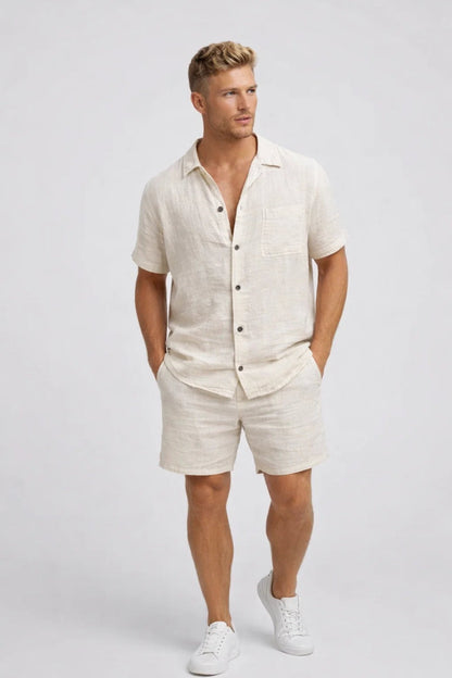 Set in lino casual con camicia a maniche corte per uomo – Outfit estivo a due pezzi traspirante