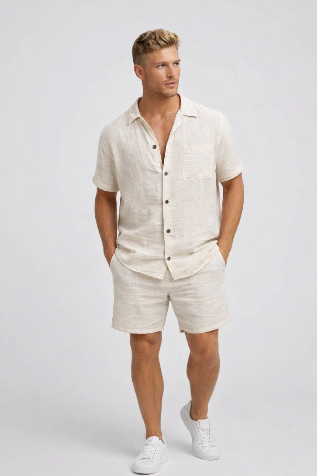 Set in lino casual con camicia a maniche corte per uomo – Outfit estivo a due pezzi traspirante