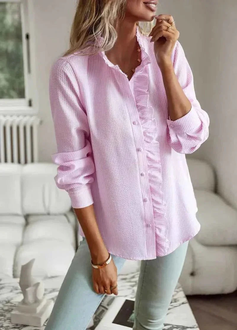 Elegante Blusa con Rouches e Motivo Strutturato – Leggera Blusa a Maniche Lunghe per Donne