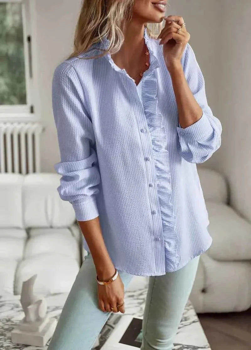 Elegante Blusa con Rouches e Motivo Strutturato – Leggera Blusa a Maniche Lunghe per Donne