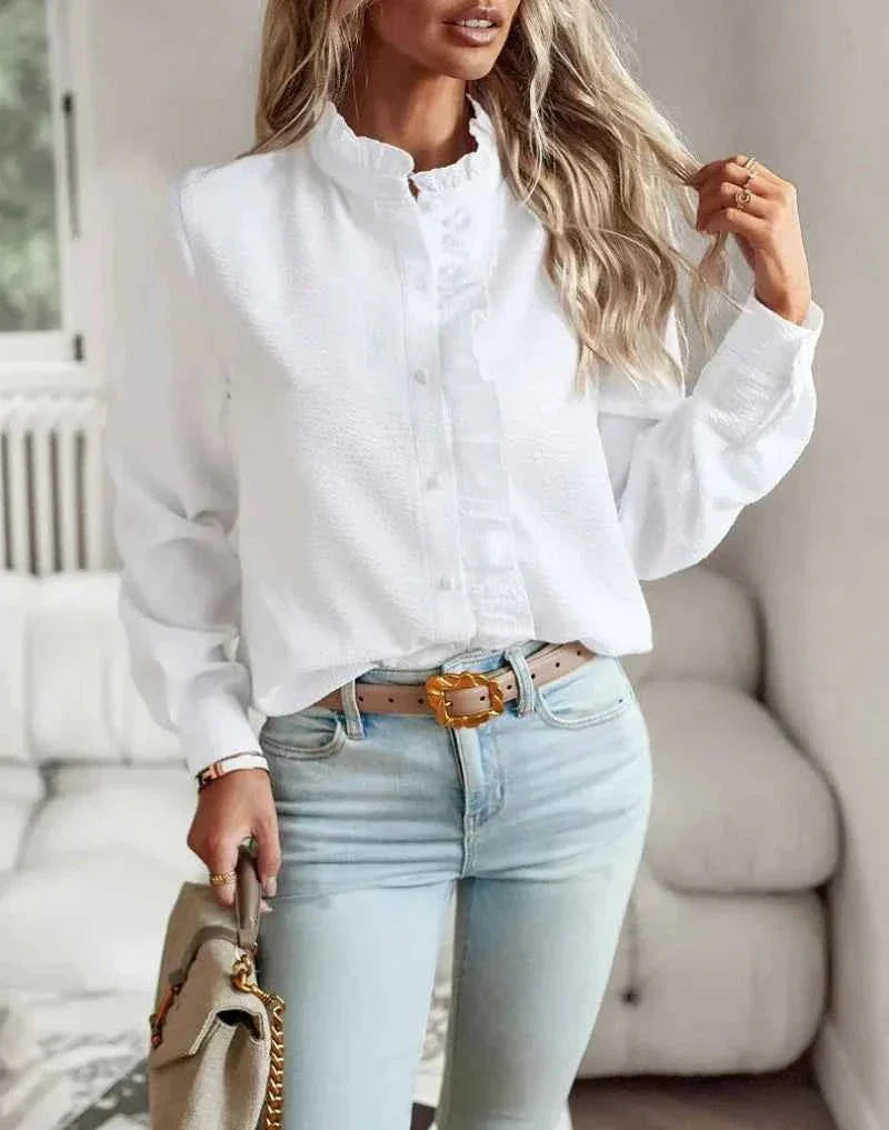 Elegante Blusa con Rouches e Motivo Strutturato – Leggera Blusa a Maniche Lunghe per Donne