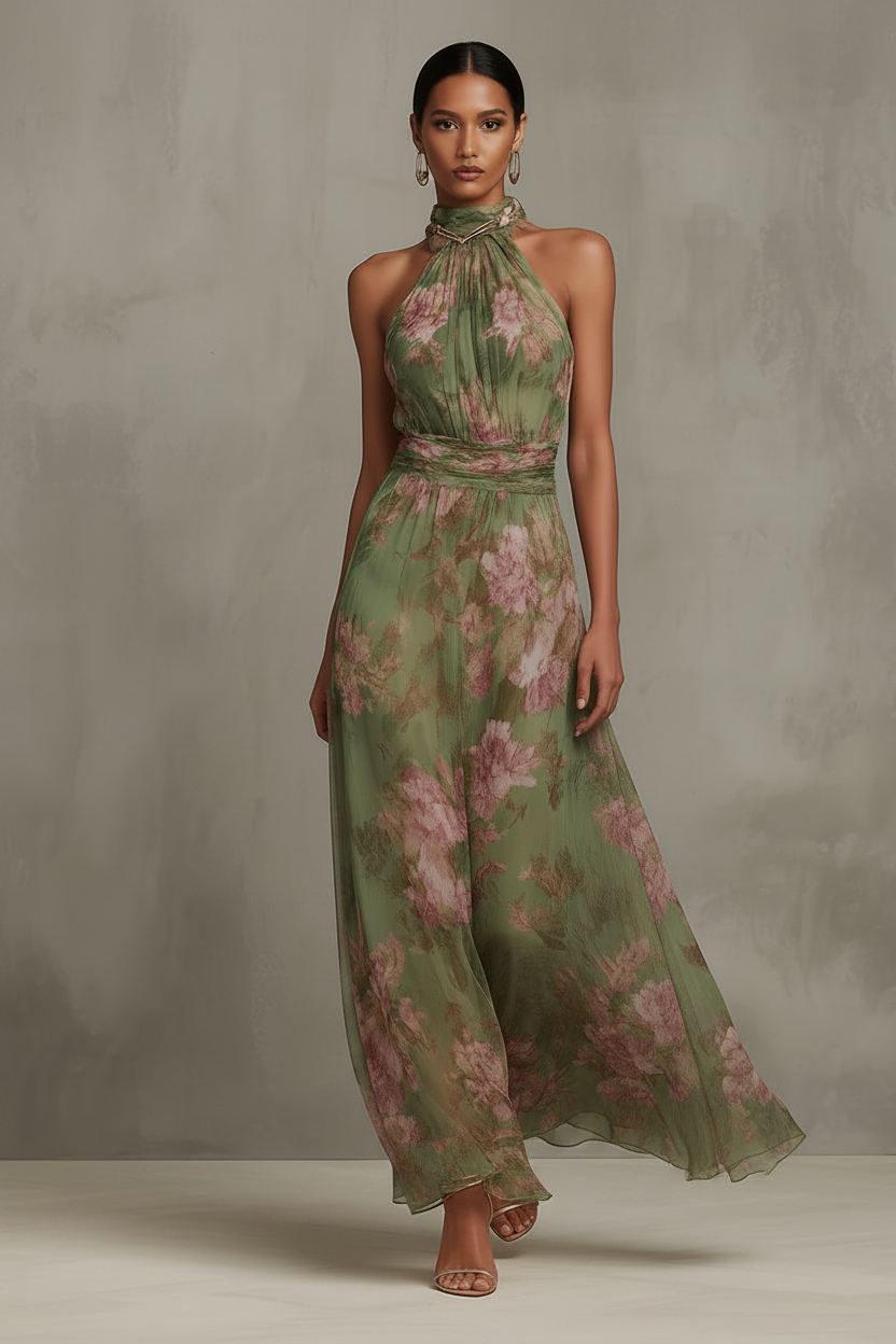 Abito Maxibloom floreale per donne – Elegante abito con scollo all'americana e cintura