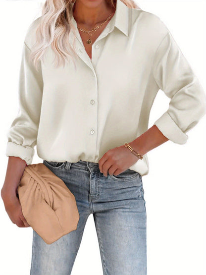 Amélina - Blusa leggera in satin colorato con bottoni e maniche lunghe