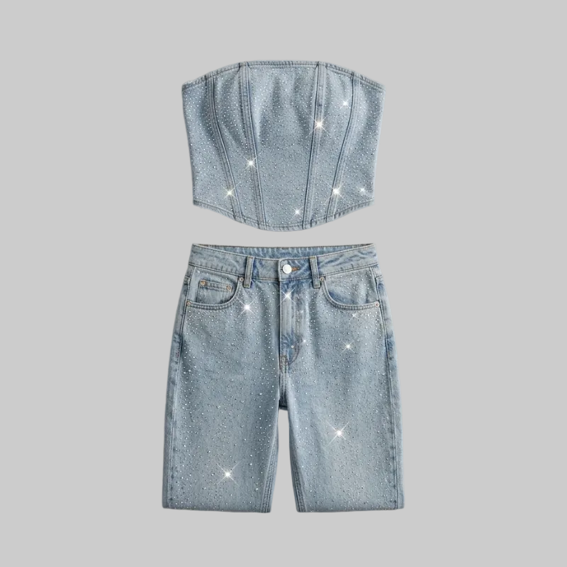 Set di Denim scintillante a due pezzi con corsetto in strass e jeans per donne – Look da festa alla moda e aderente