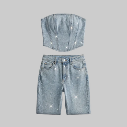 Set di Denim scintillante a due pezzi con corsetto in strass e jeans per donne – Look da festa alla moda e aderente
