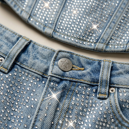 Set di Denim scintillante a due pezzi con corsetto in strass e jeans per donne – Look da festa alla moda e aderente