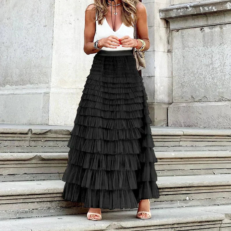 Esméria - Elegante Maxi-Gonna in Tulle per Primavera e Estate con Volant Sovrapposti